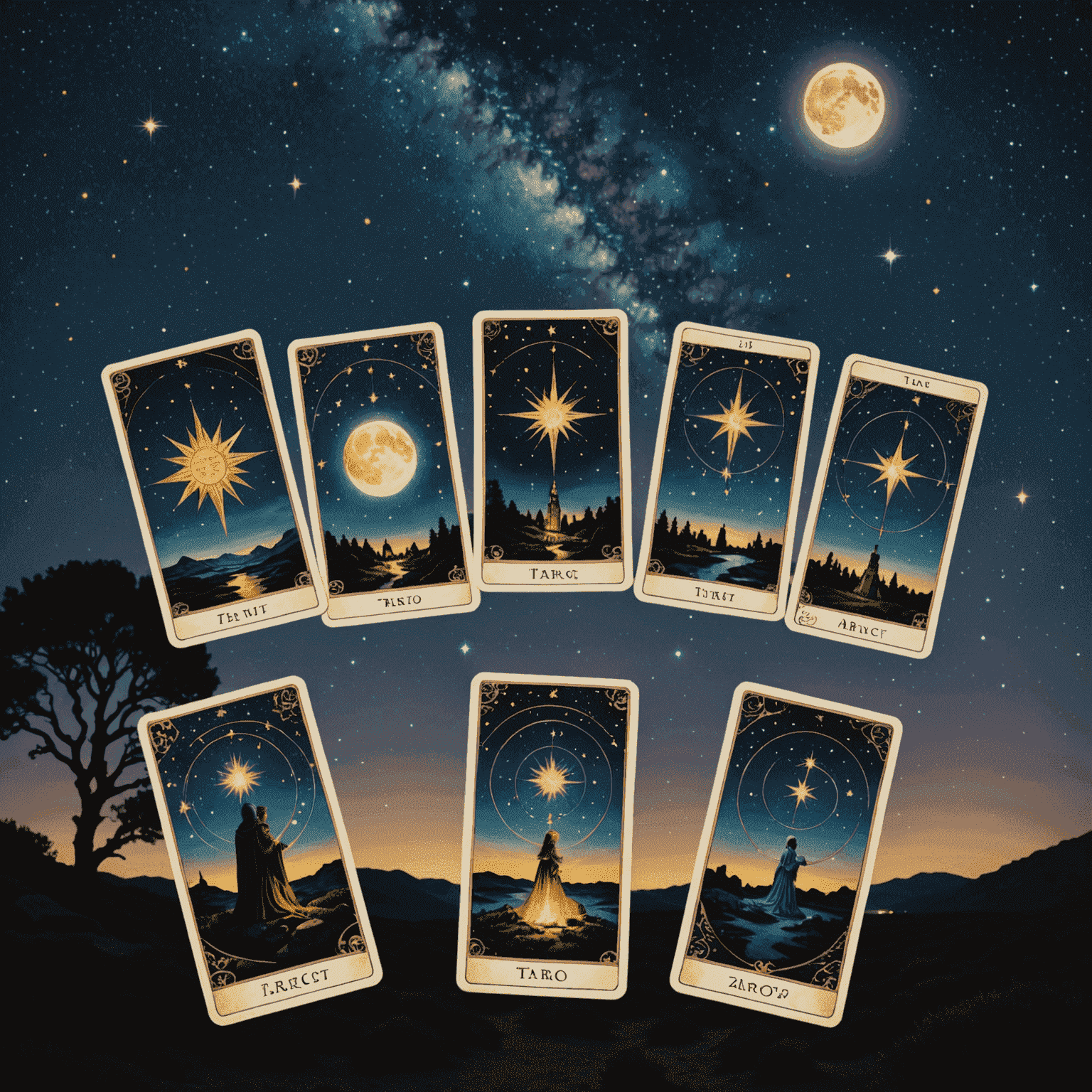 Ein mystisches Bild, das Tarotkarten vor einem Sternenhimmel zeigt, symbolisiert die Verbindung zwischen Astrologie und Tarot
